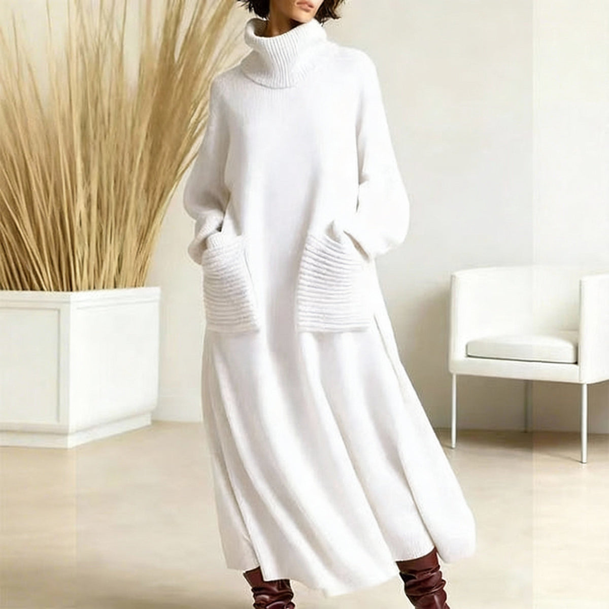 Glenda™ - Damen Oversize Strickkleid Rollkragen
